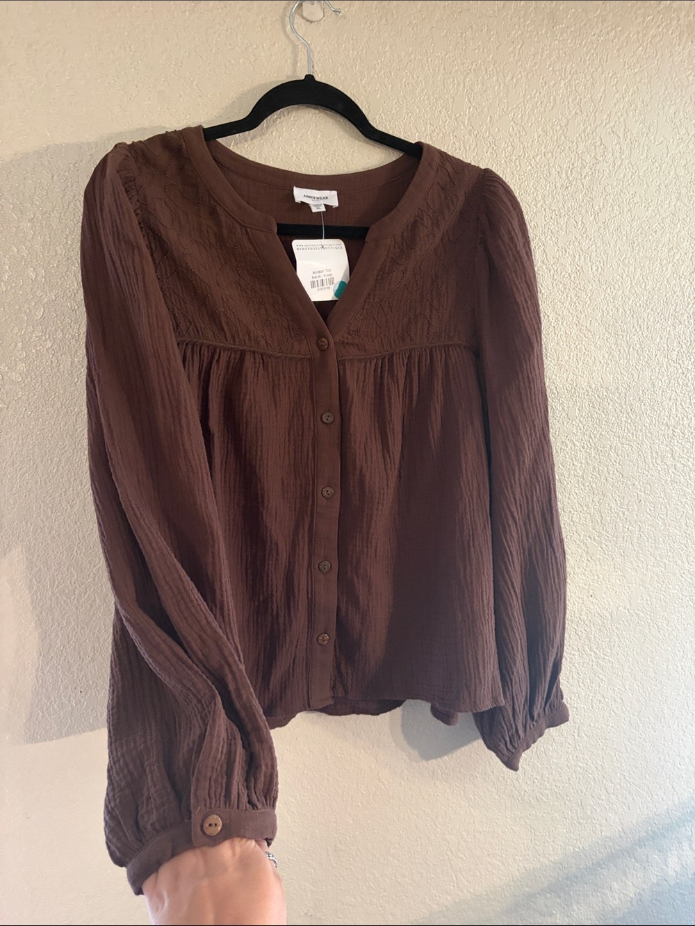 🤎NWT Anniewear “Aniston Top” 💯% Cotton🙌🏻 Button-Down w/Embroidery Chocolate🍫 XL - Picture 8 of 11
